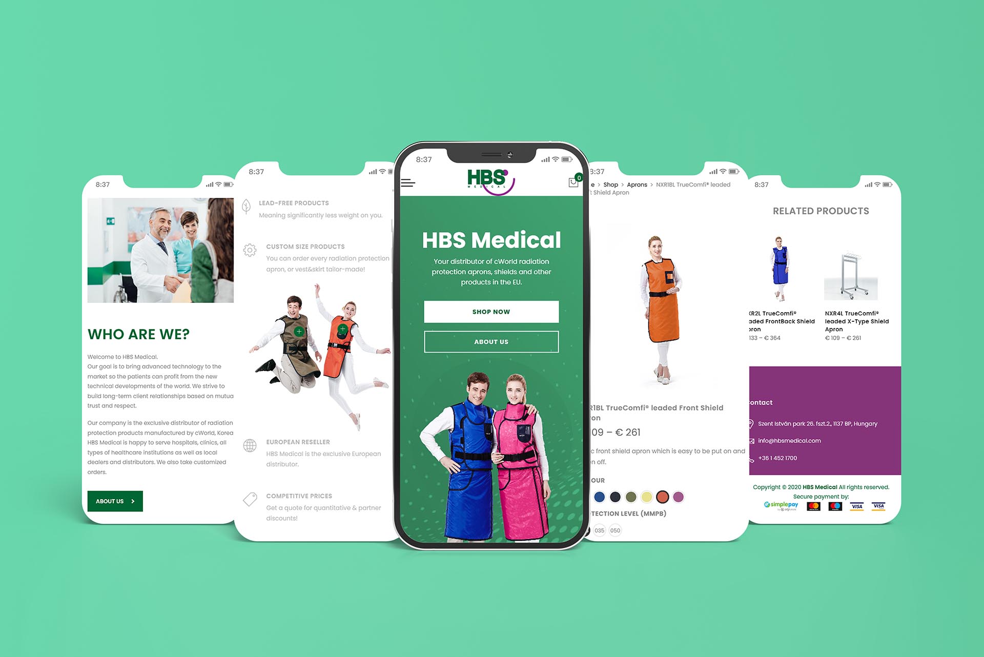 Egészségügyi védőfelszerelést forgalmazó nemzetközi webshop reszponzív mobil nézetei.
